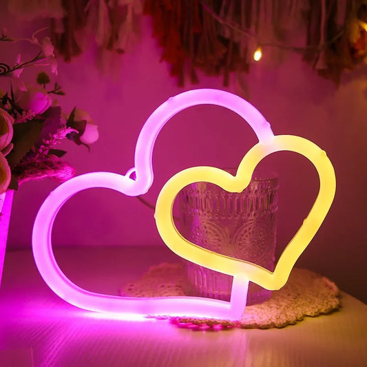 Double Love Neon Signs with Base, LED Light, Atmosphere Lighting for Wall